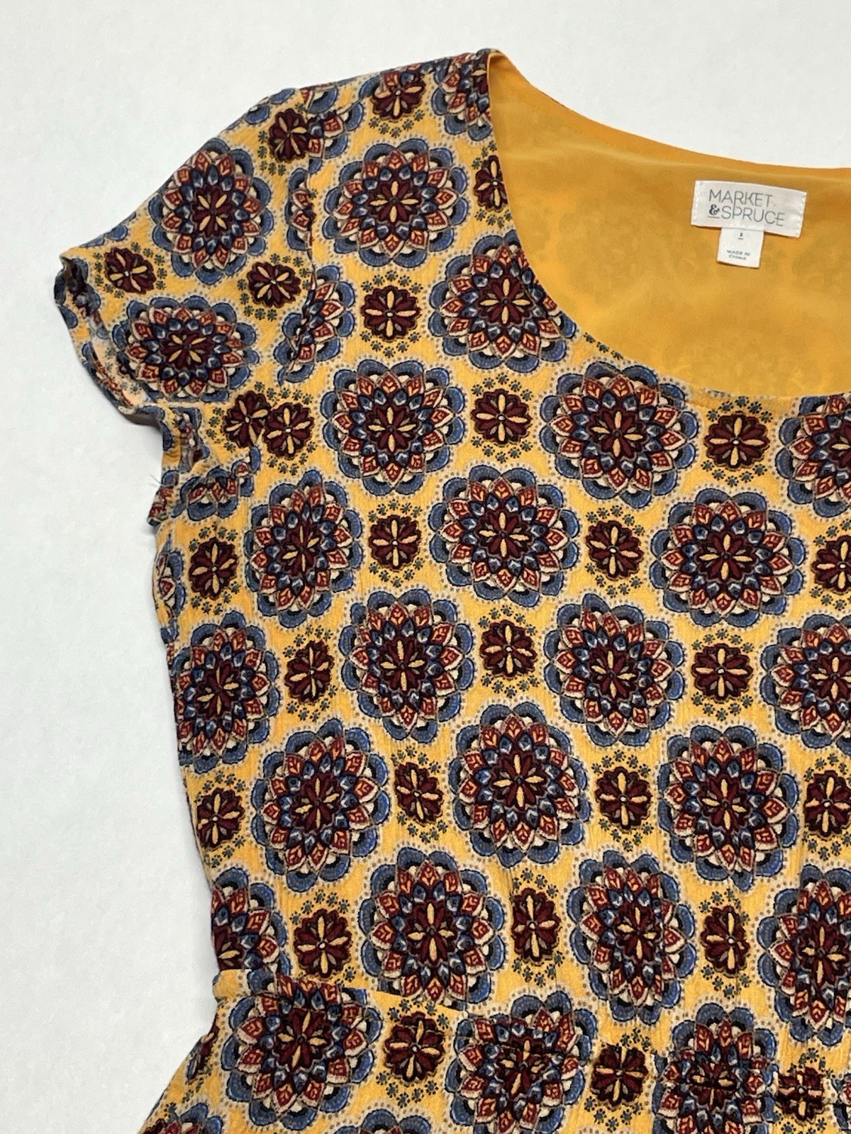 Golden Yellow Metallic Embroidered Mandala Dress Sz S Boho Funky Artsy Festival