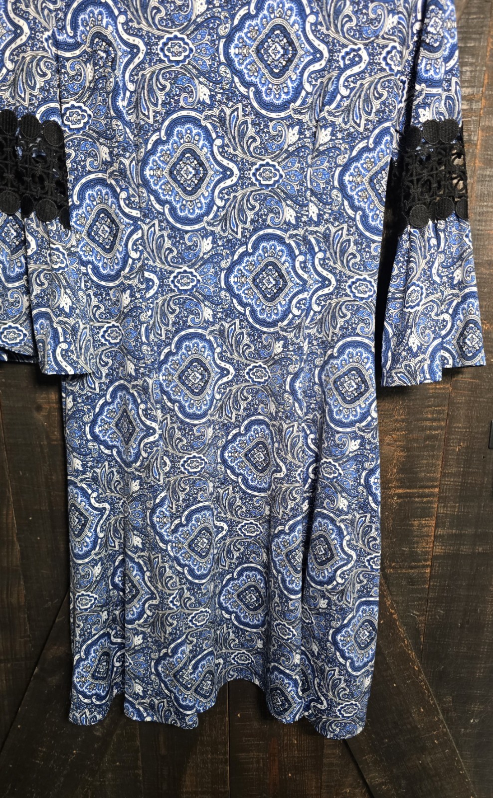 NY Collection BLUE/WHITE/BLACK Dress FLARED Crochet 3/4 Sleeve Sz Small