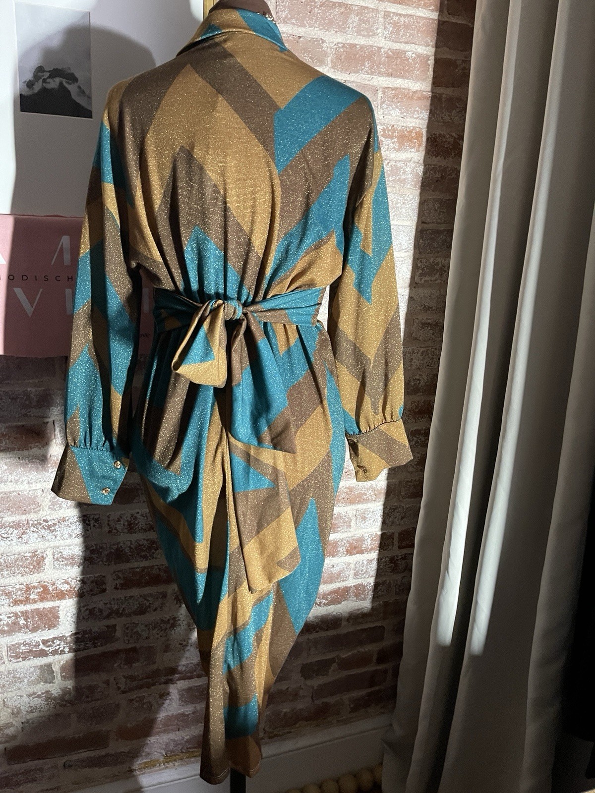 New! Venti6 Turquoise Brown Chevron Sparkle Ruched Button Midi Dress Long Sleeve