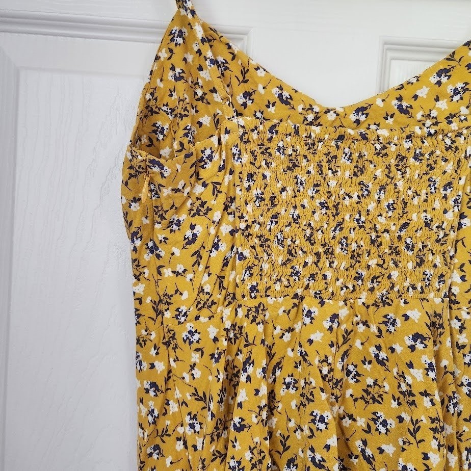 Old Navy Mustard Yellow Floral Smocked Back Cami Fit & Flare Dress Women Med 251