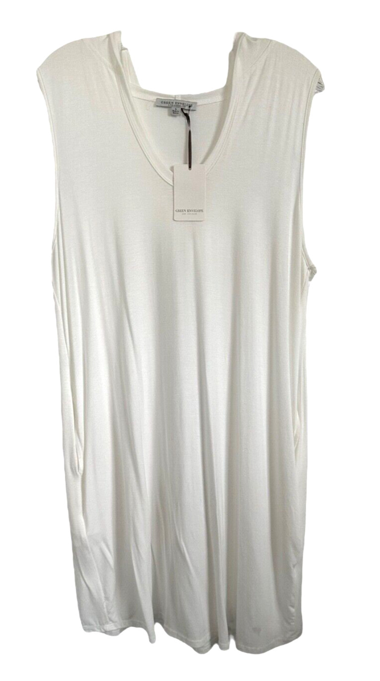 Green Envelope Women’s Hooded Shirt Dress Sleeveless Rayon Size L White