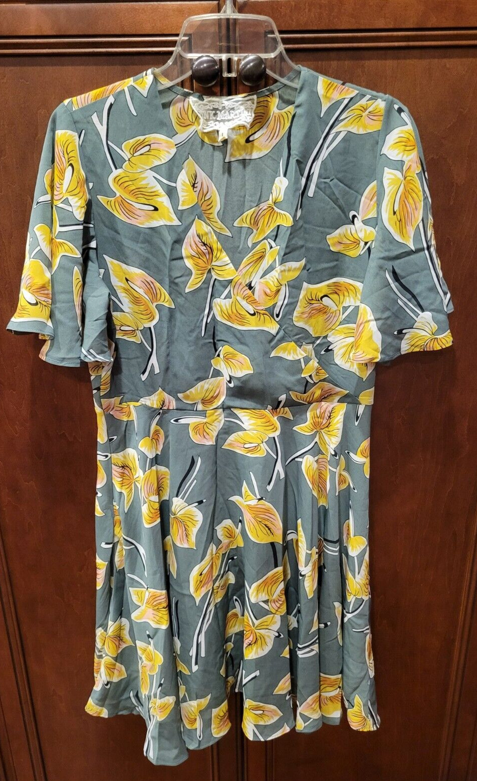 Pink Martini Garden of Love Dress Modcloth Floral Green Yellow sz L Vtg Style