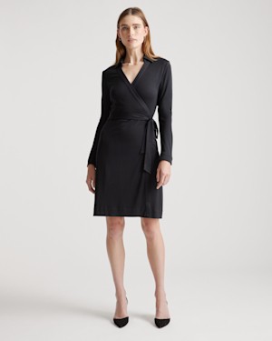 Quince Women 100% Silk Jersey Mini Wrap Dress Black Basic Sleeved M