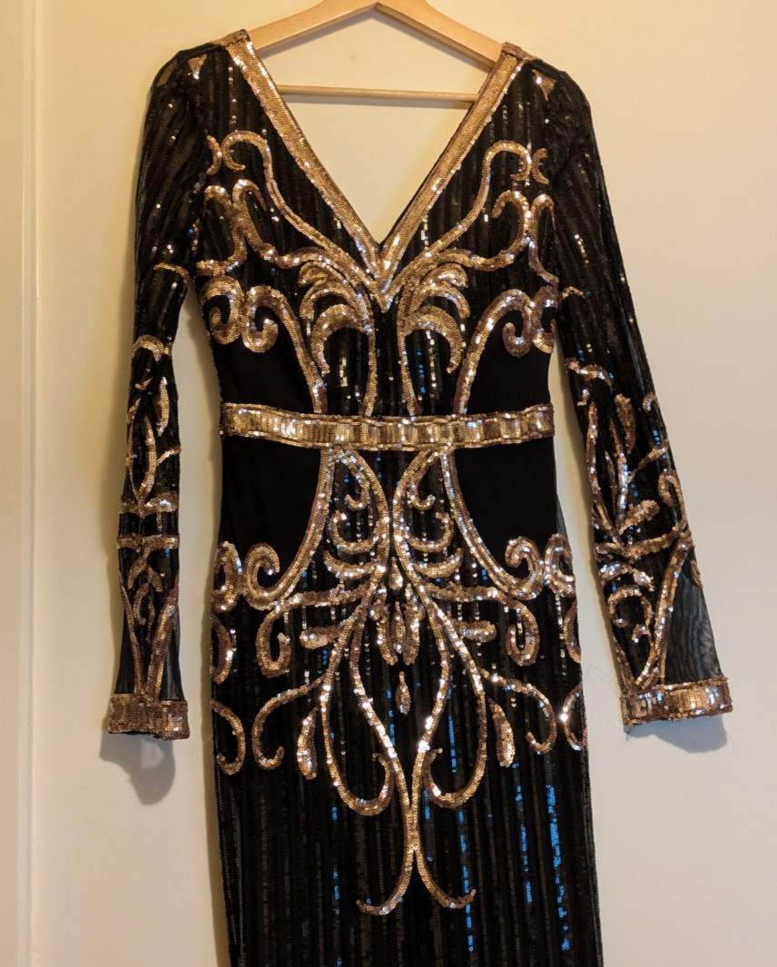 Goddiva Black Gold Sequin Maxi Fishtail Dress Flapper Gatsby 20’s Style UK 8