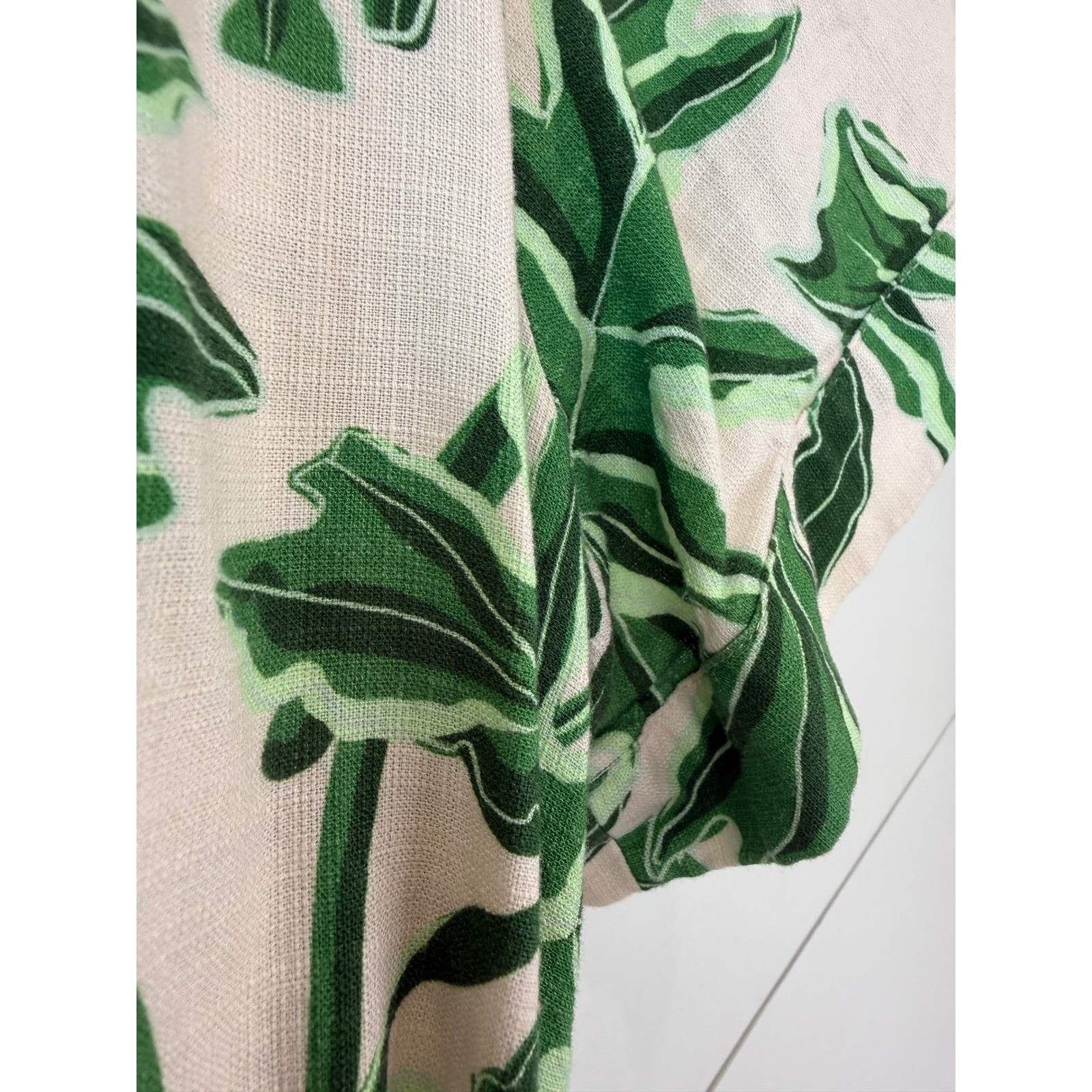Emily McCarthy Wrap Dress Women Large Green Tropical Palm Leaf Linen COASTAL
