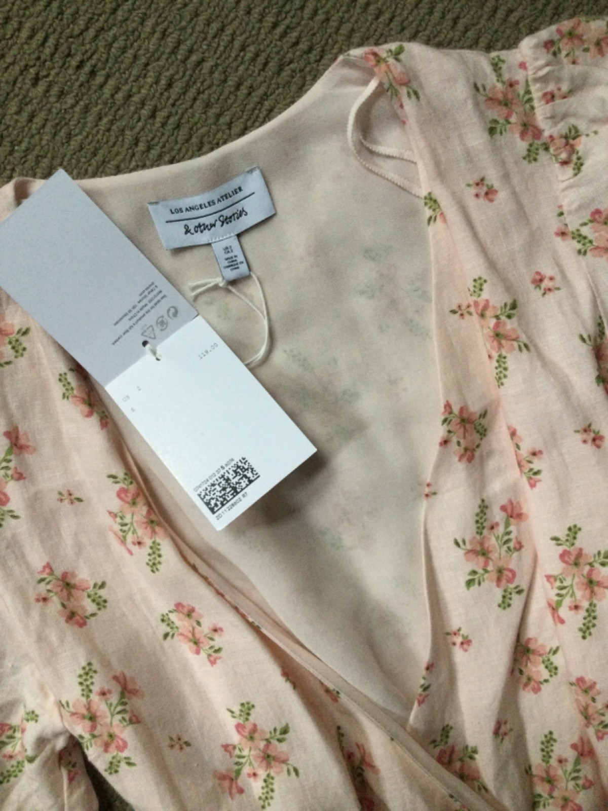 & other stories peach floral 100% linen wrap tie dress ruffles NWT Womens 2 $119