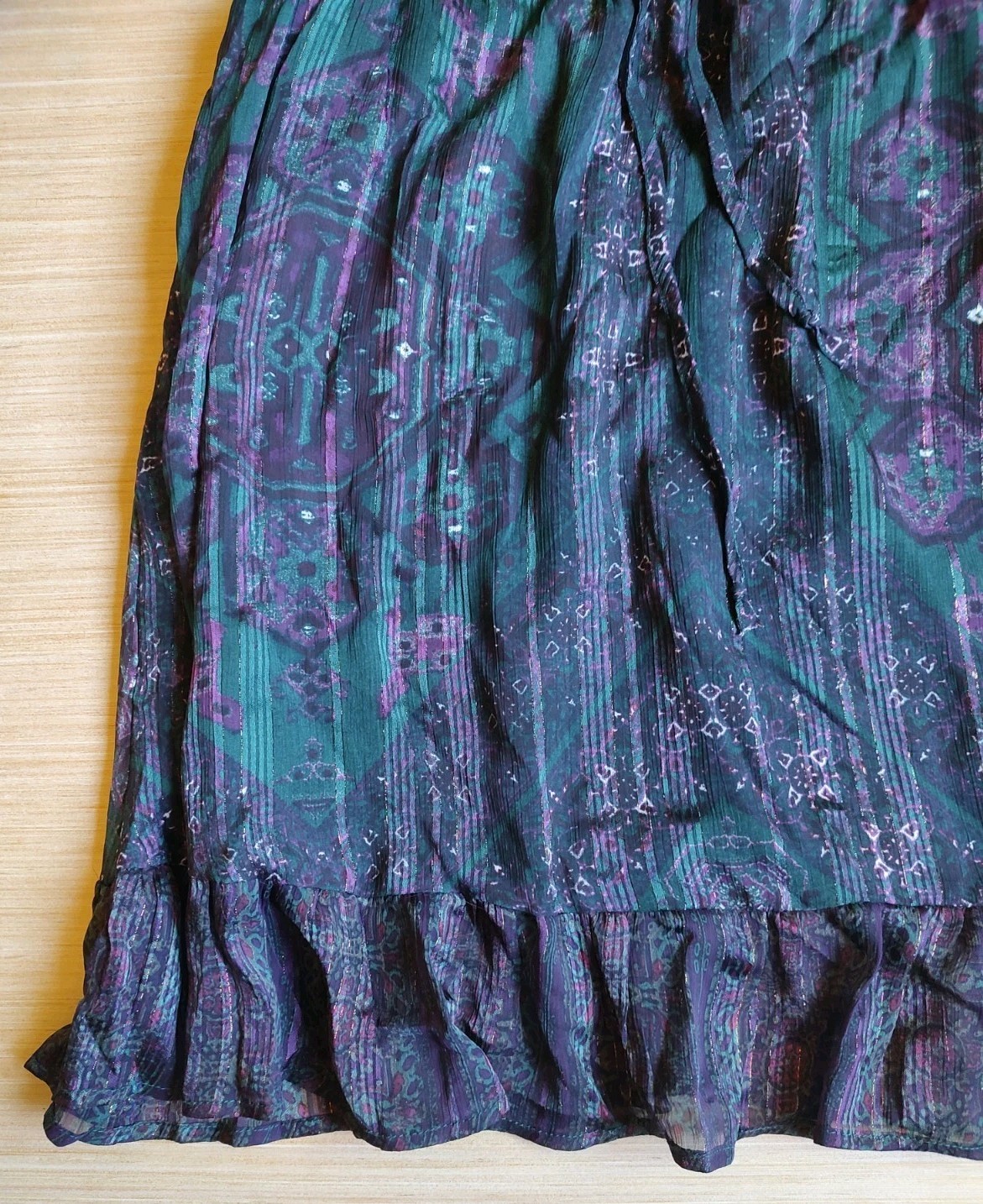 Frye Knee Length Dress Ruffle Buttons Lurex Green Purple Floral Size M Women’s