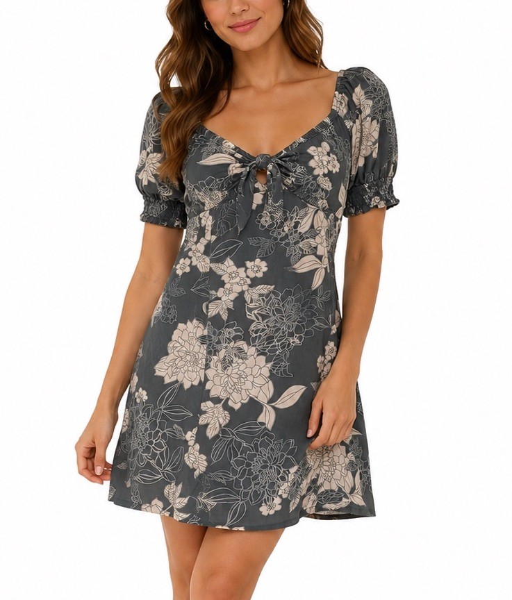 Mimi Chica Grey ivory Floral A-Line Short Dress Square Neck Puff Sleeve M