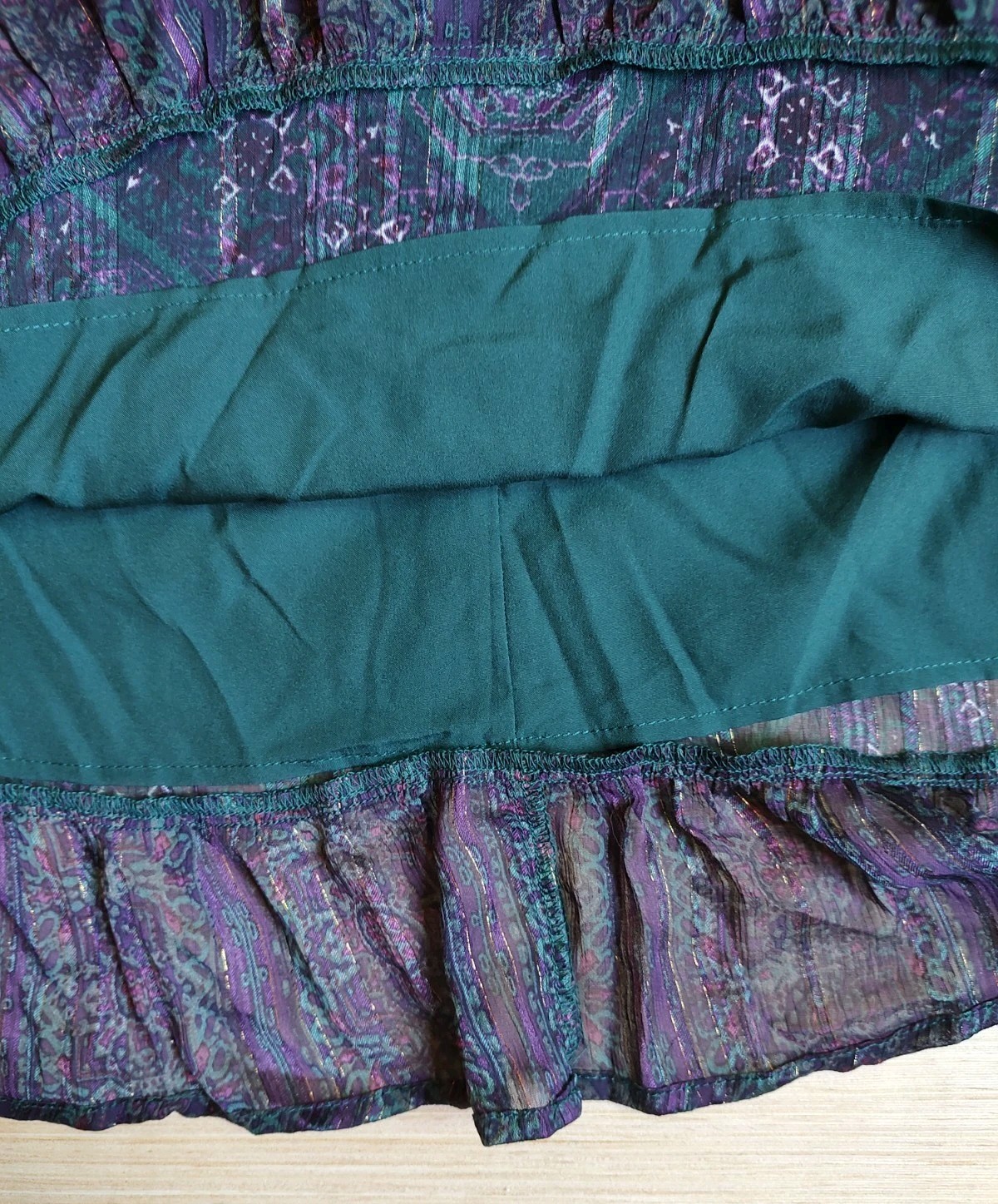 Frye Knee Length Dress Ruffle Buttons Lurex Green Purple Floral Size M Women’s