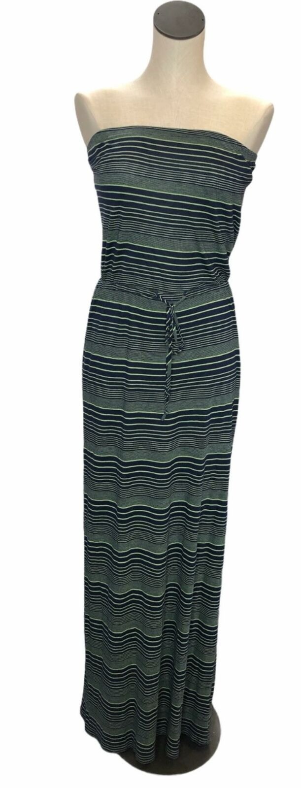 En Creme Strapless Maxi Dress Medium Blue Green Stripes Drawstring Sundress