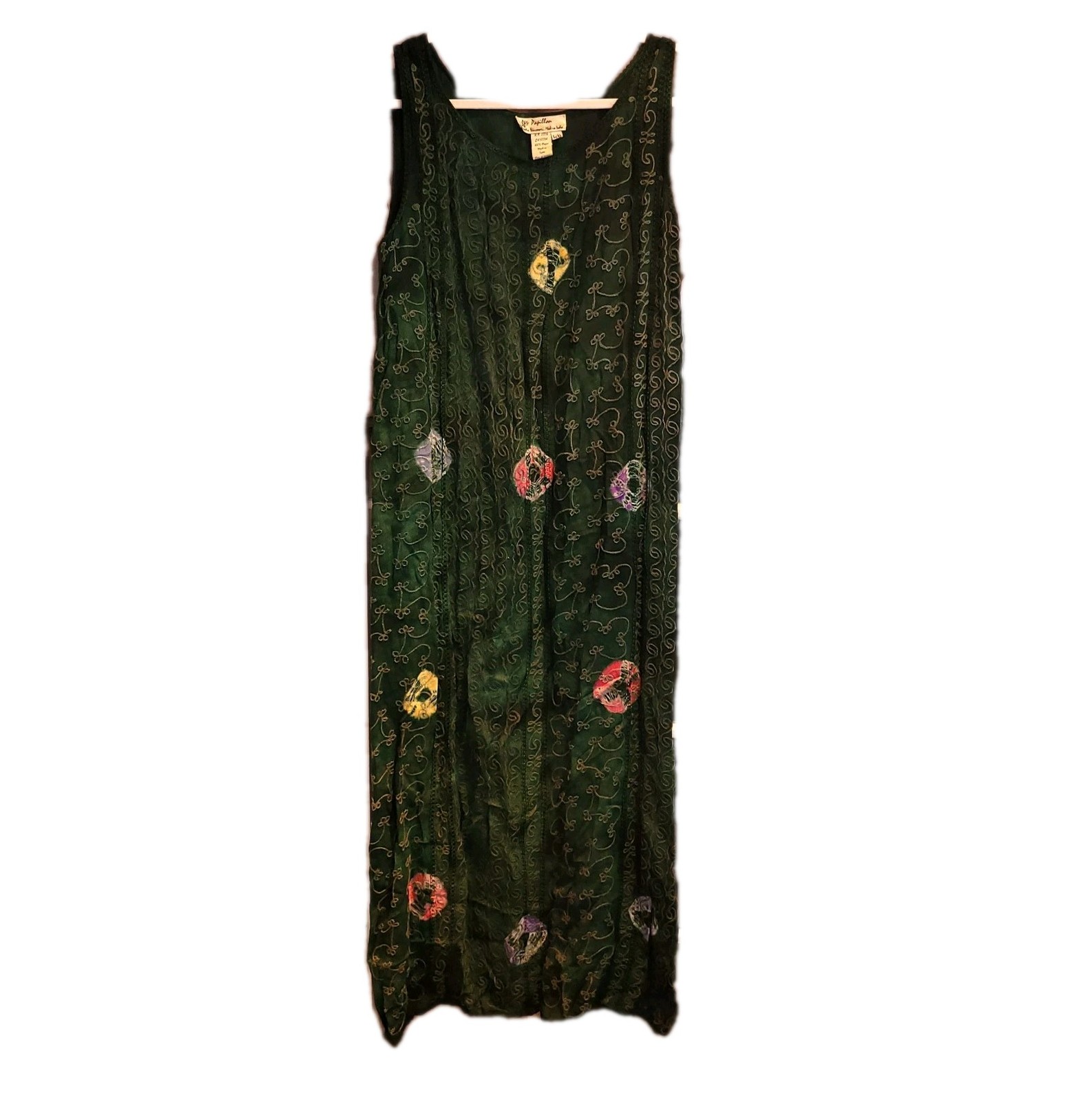 Papillon Embellished 100% Silk Vintage Green Multicolor 90s Boho Beachy Resort