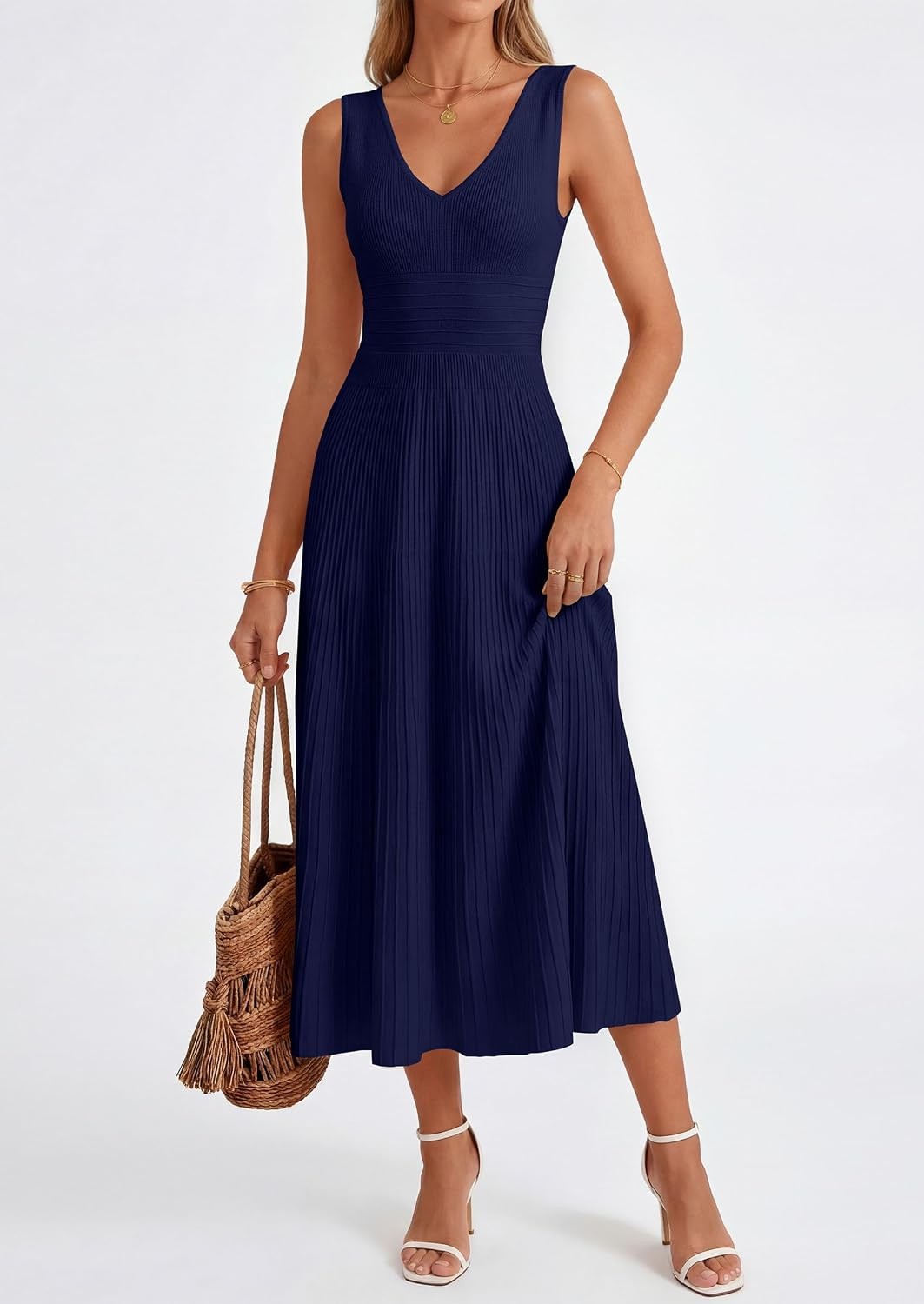 Summer Dresses for Women 2026 Spring Casual Sleeveless V Neck Pleated Midi Work