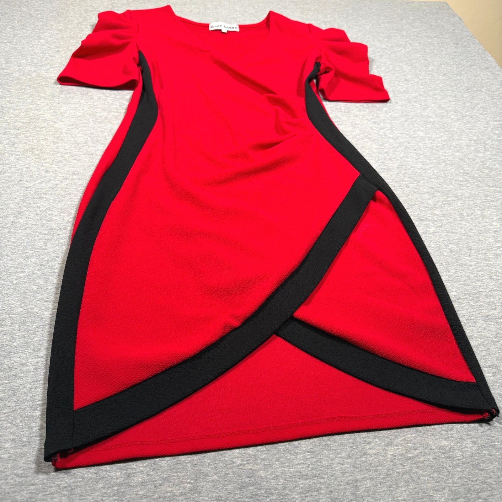 Almost Famous Red Black Colorblock Wrap Bodycon Dress Puff Sleeve Womens Large