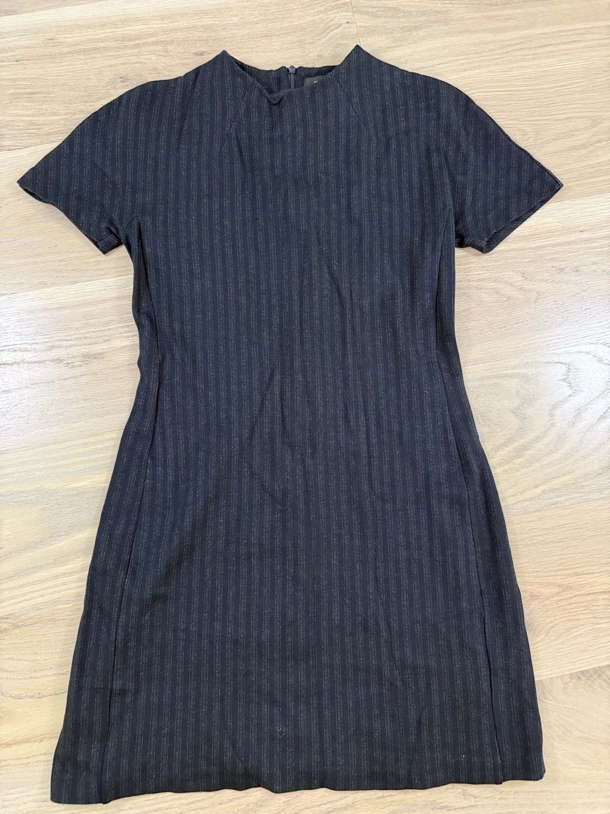 Theory Black Striped Crew Neck Dolman Short Sleeve Shift Knee Dress S Zip