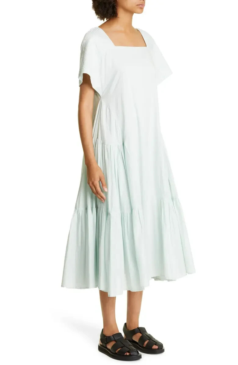 $500 MERLETTE Minne Pintuck Sleeve Tiered Pima Cotton Lawn Dress | Sea Mist | S