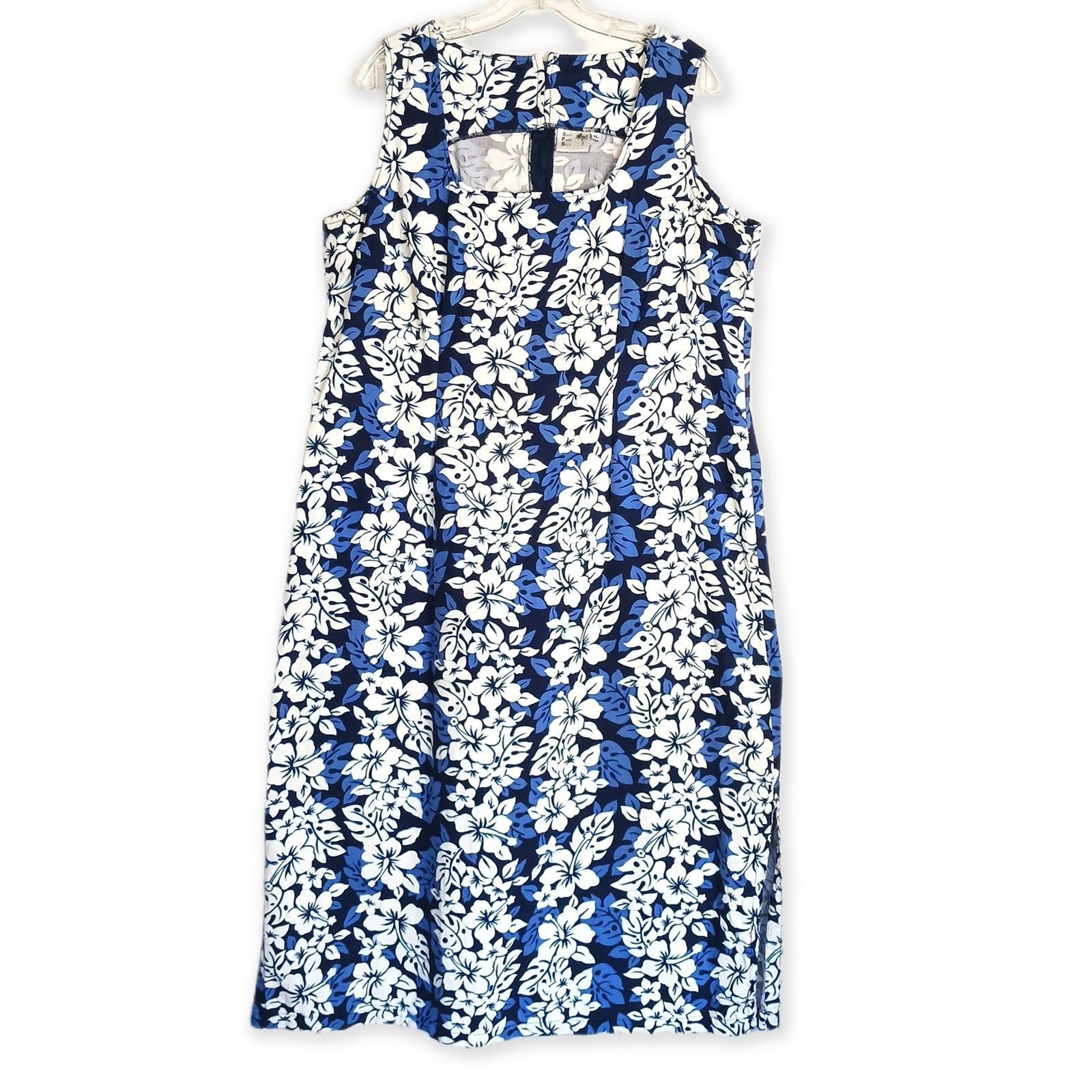 South Pacific Shore 100% Cotton Blue White Hibiscus Dress Size XL Beach Tropical