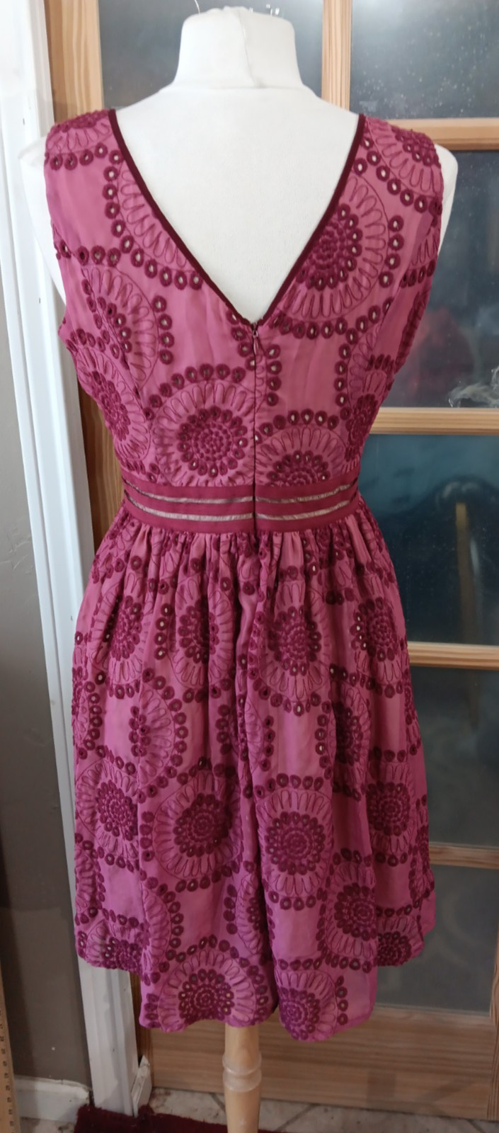 RYU Dress Fit Flare Crochet Cutout Lined Wine Boho Cottage Festival Sz L Knee