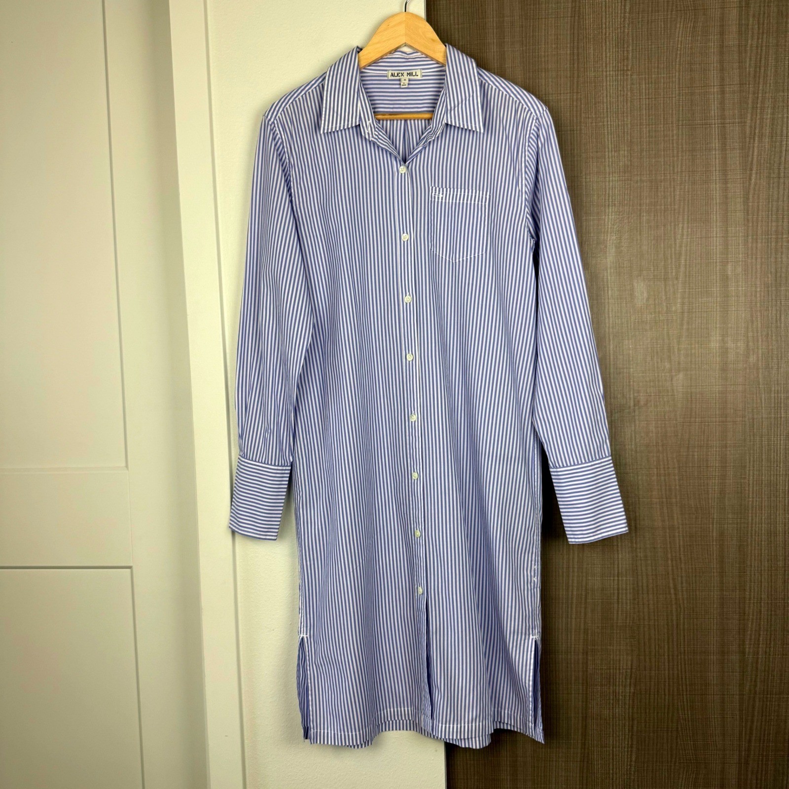 Alex Mill Blue White Striped Standard Maxi Shirt Dress Side Slit Size Medium