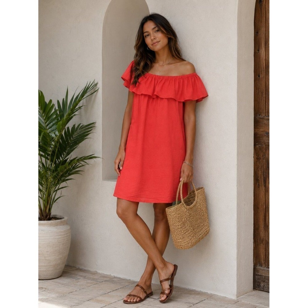 Tommy Bahama Coral Linen Blend Off Shoulder Dress Ruffle Pockets XS