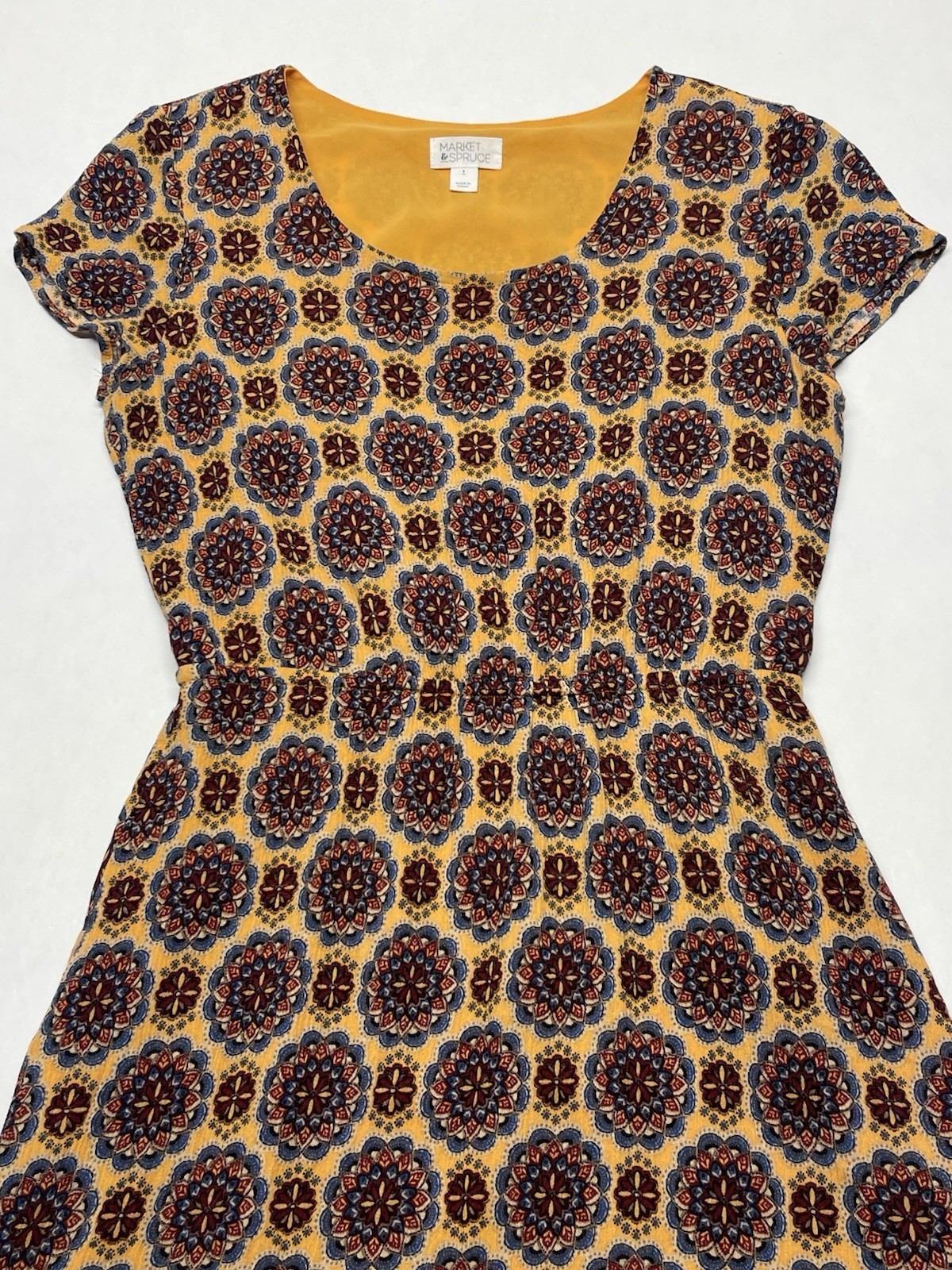 Golden Yellow Metallic Embroidered Mandala Dress Sz S Boho Funky Artsy Festival