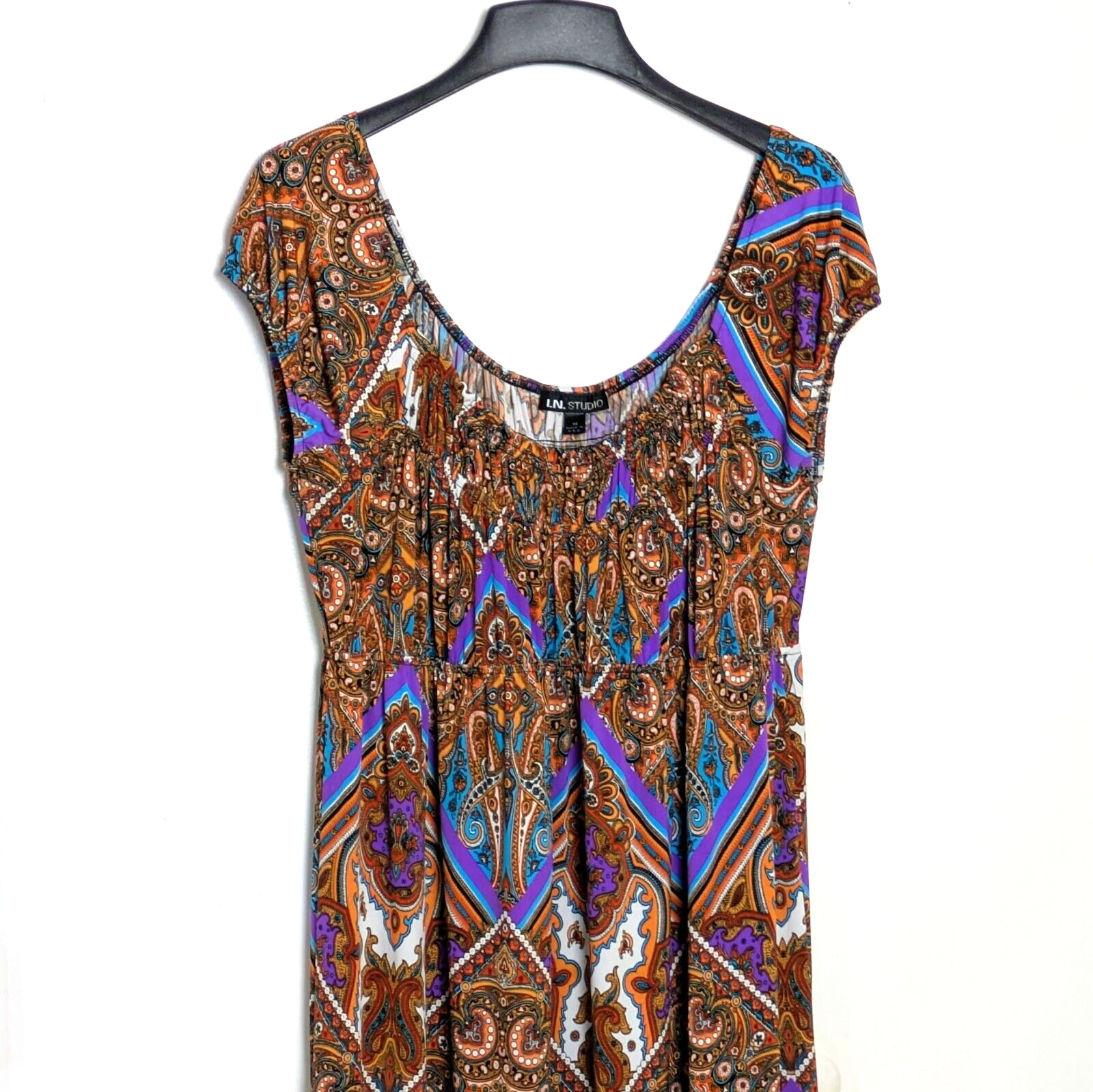 I.N. STUDIO Boho Gypsy Stretchy Silky Paisley Maxi Empire Dress Size 14
