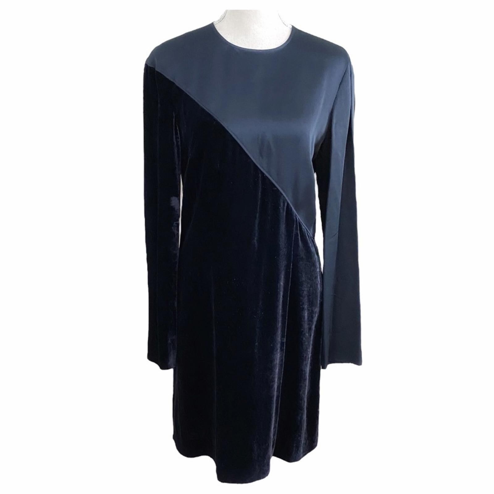 CEDRIC CHARLIER SILK BLEND NAVY SATIN VELVET COMBO LONG SLEEVE A-LINE DRESS – 8