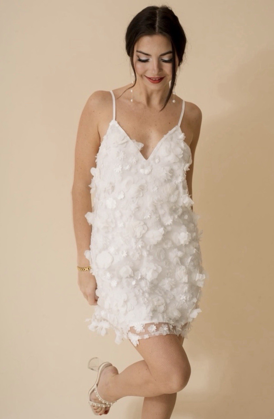 STORIA White Floral 3D Applique V-Neck Mesh Lined Slip Mini Dress Size S