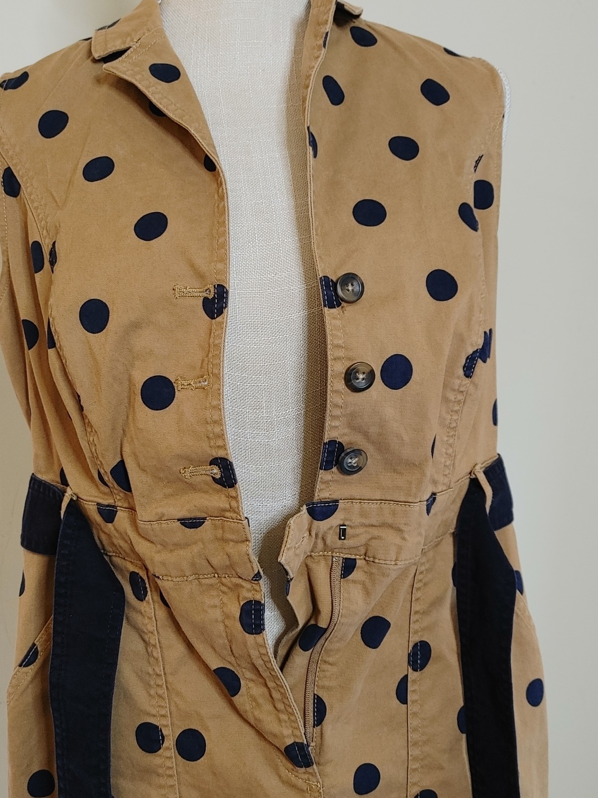 Boden Khaki Tan Navy Blue Polka Dot Sheath Edith Dress sz 8P Stretch Cinch Belt