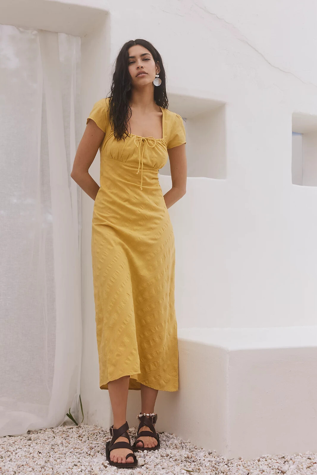 271355 Free People Free-est Natalya Solid Midi Dress Smocked Cotton Yellow S NWD
