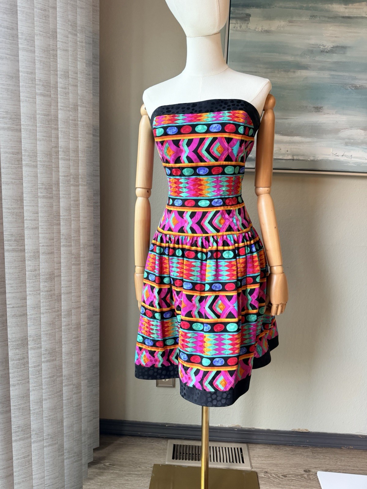 🌹 A.J. Bari Multicolor Silk Geometric Fit & Flare Strapless Knee Dress Size 12