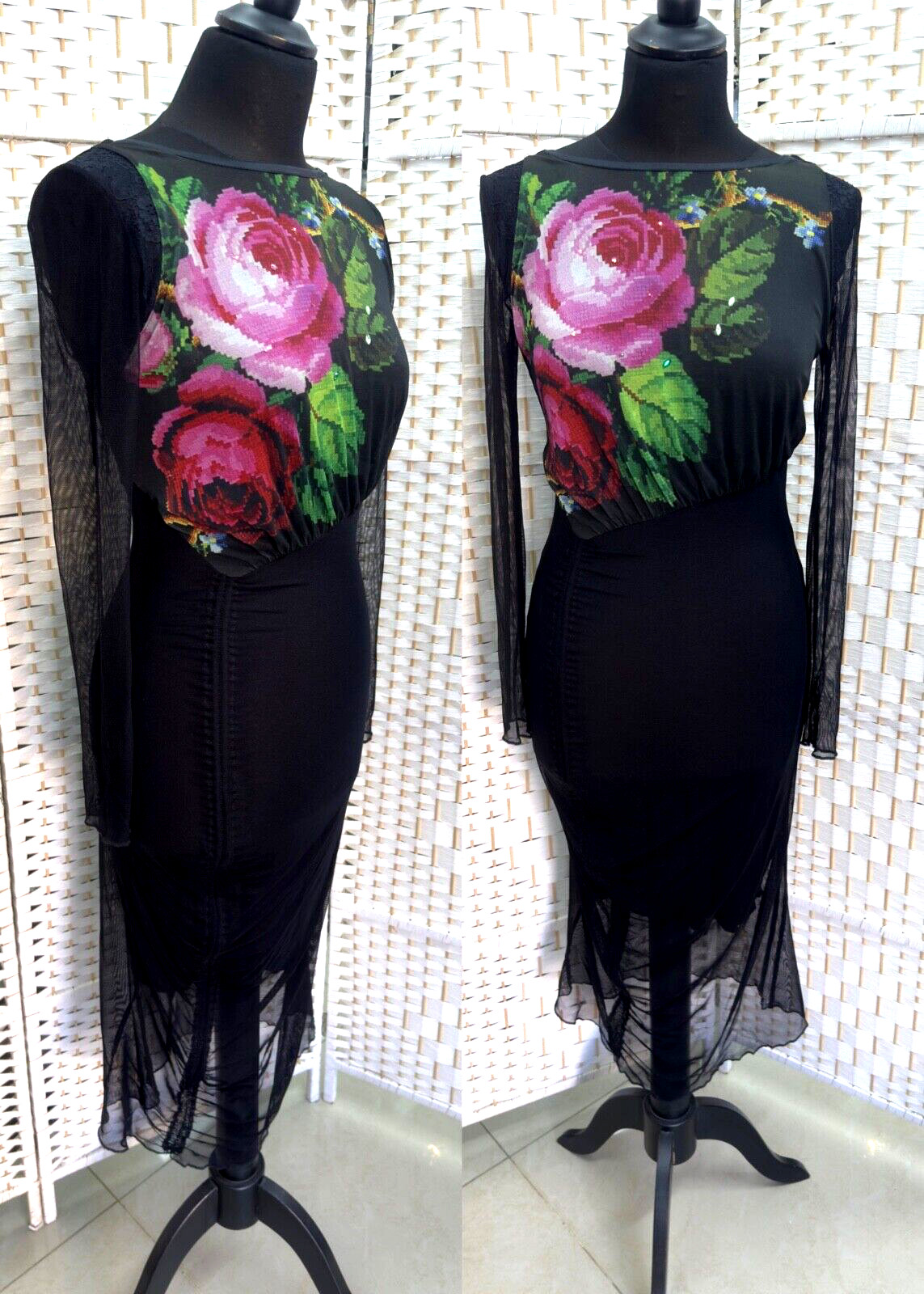 Michal Negrin Length Black Dress With Colorful Flowers Dress Size – 38 –