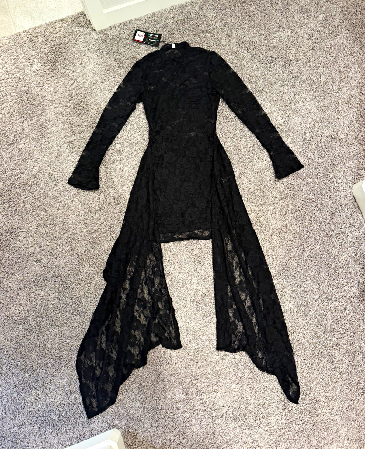 Women’s Black Floral Lace Sheer V-Neck Hi-Low Dress Long Sleeve Size S