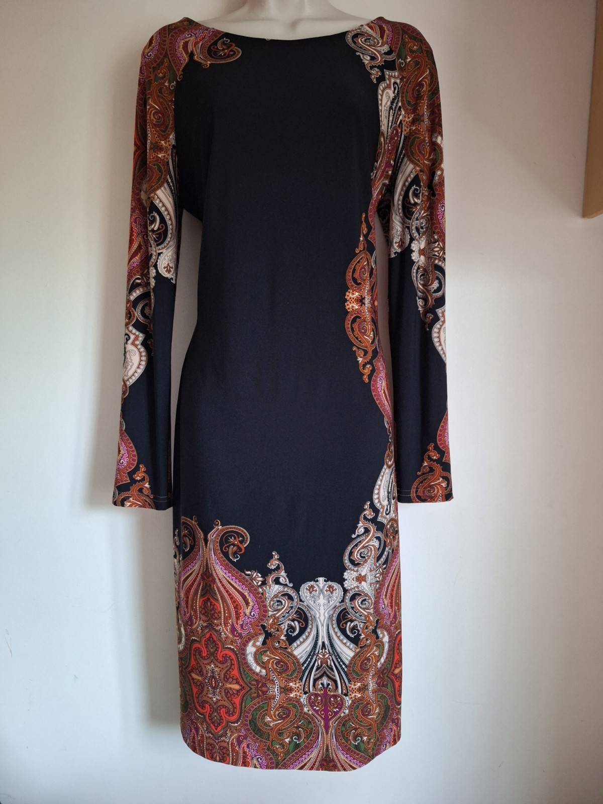 Joseph Ribkoff Paisley Print Black Orange Purple Sheath Dress UK 14 EU 42 USA 10