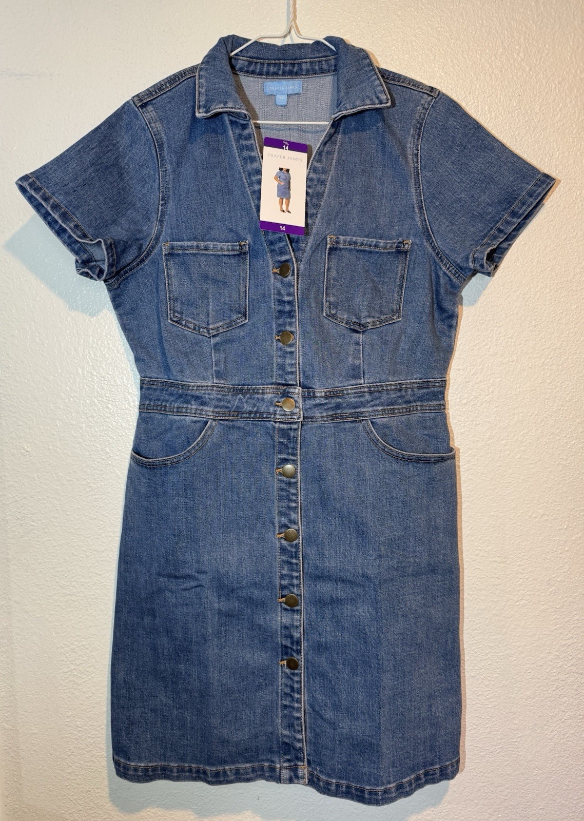 Draper James Women’s Denim Short Dress, Medium Wash Blue, Sz 14 Button Up New