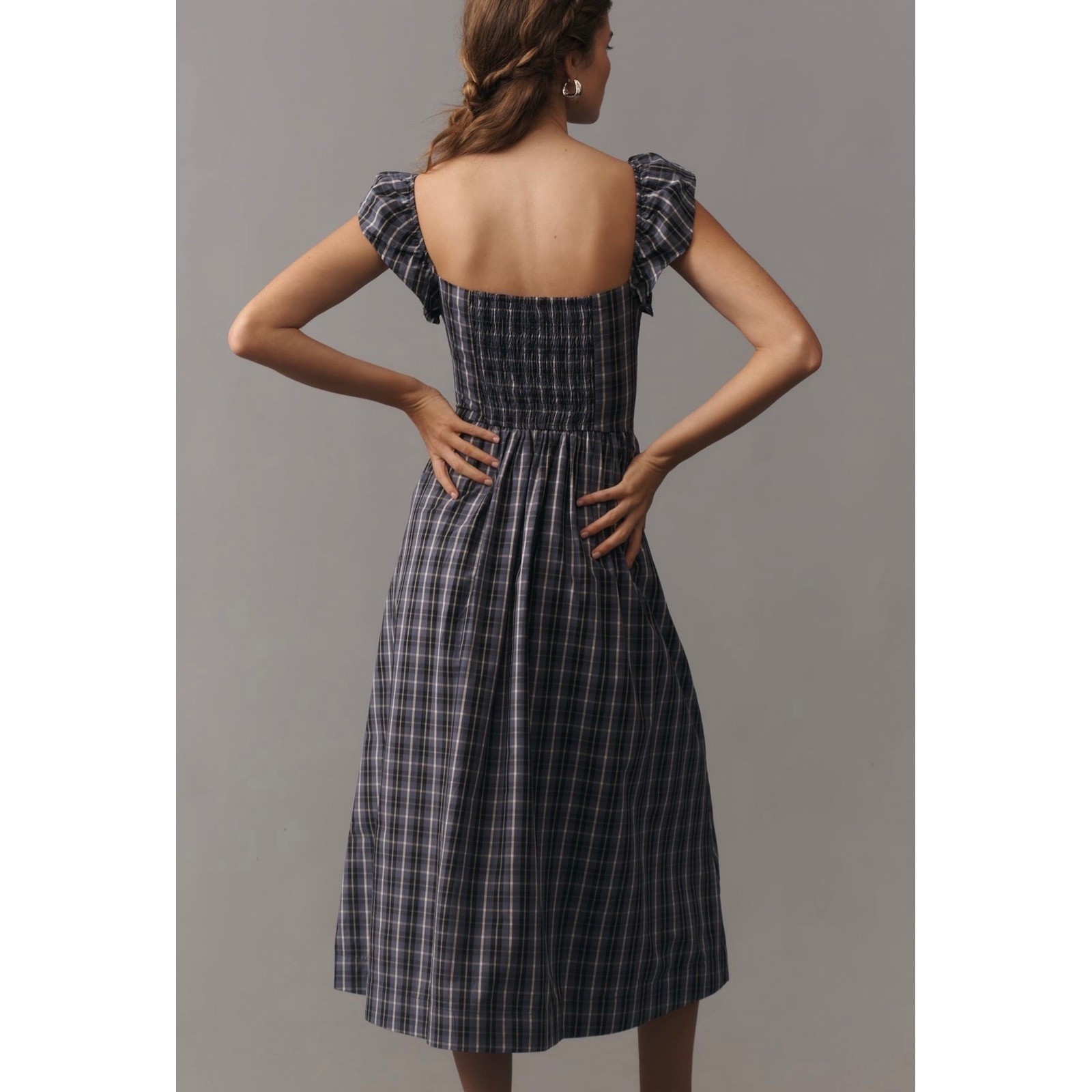 Anthropologie Plaid Ruffle Sleeve Smocked Midi Dress Blue White Size M NWT