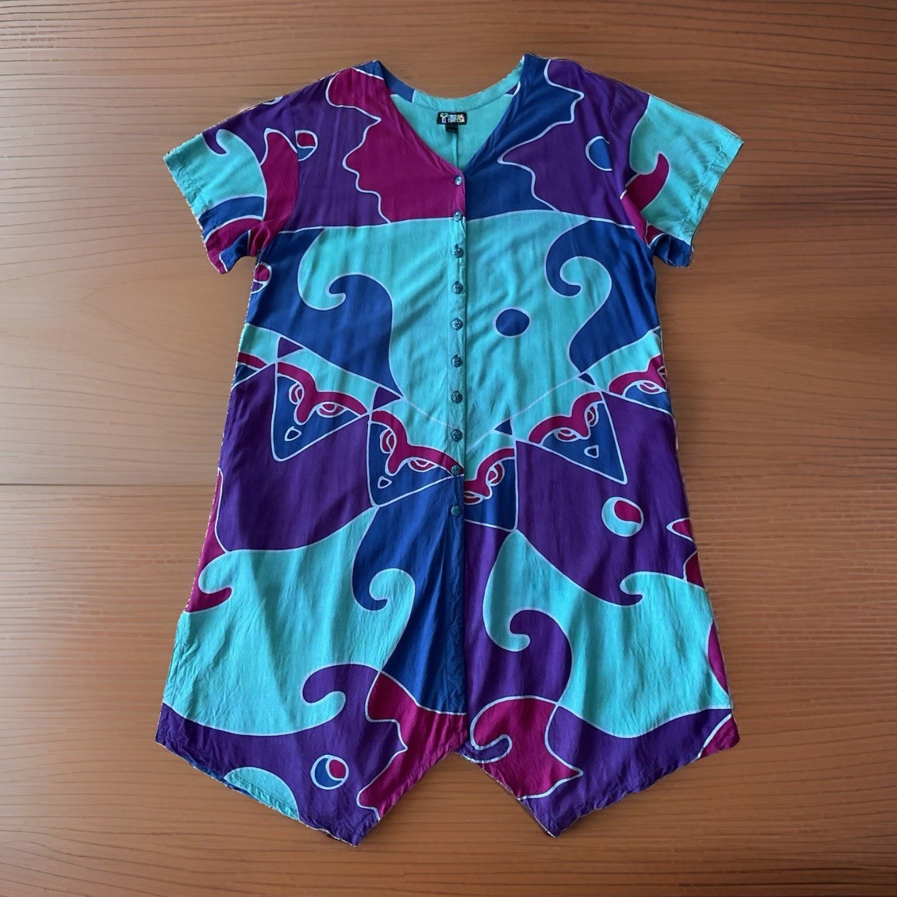 TROPICAL TANTRUM 3XL Blue Purple Aqua Button Front Pixie Maxi Dress Art-to-Wear