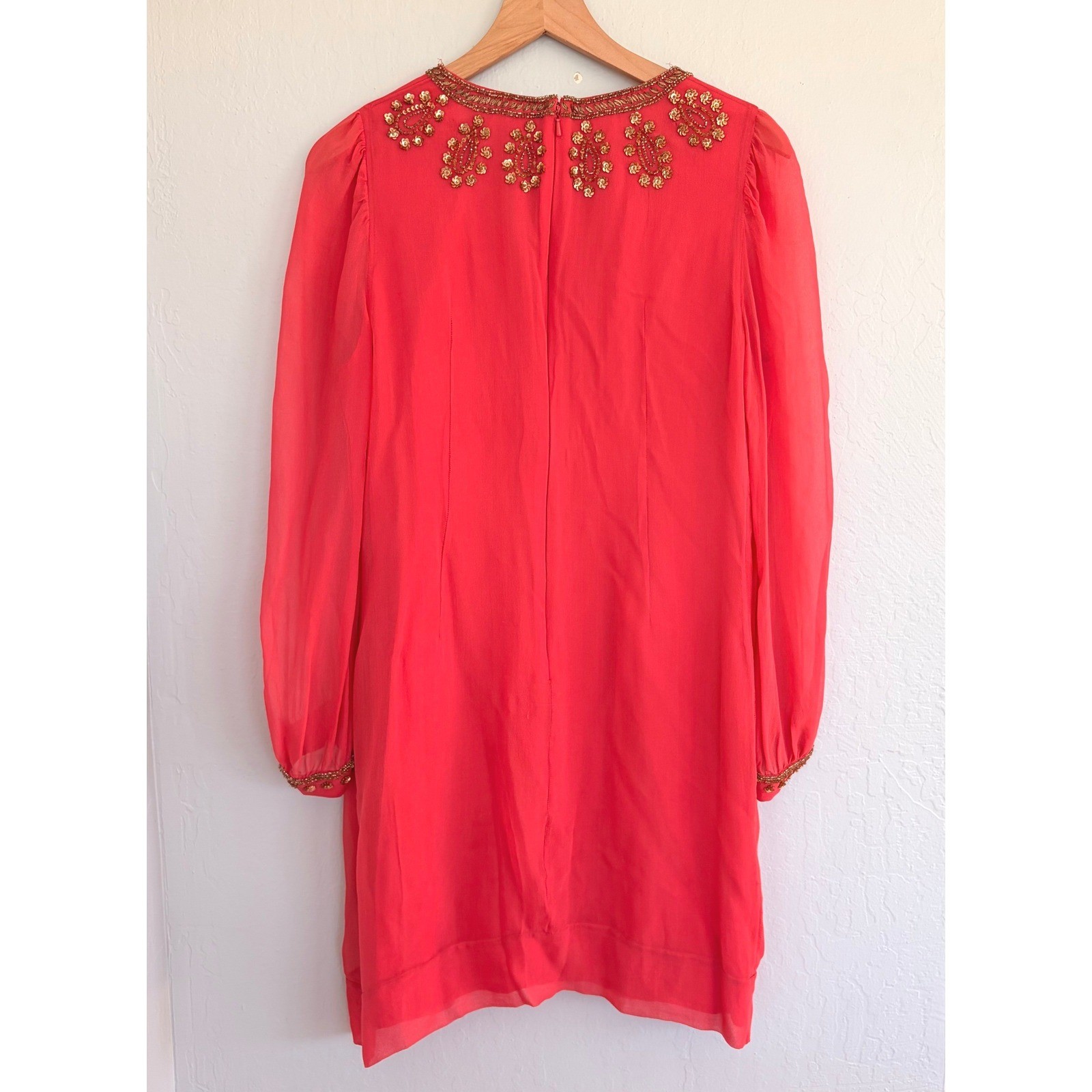 French Connection Shift Dress Silk-Georgette Sequined Coral V-Nick US10 UK14
