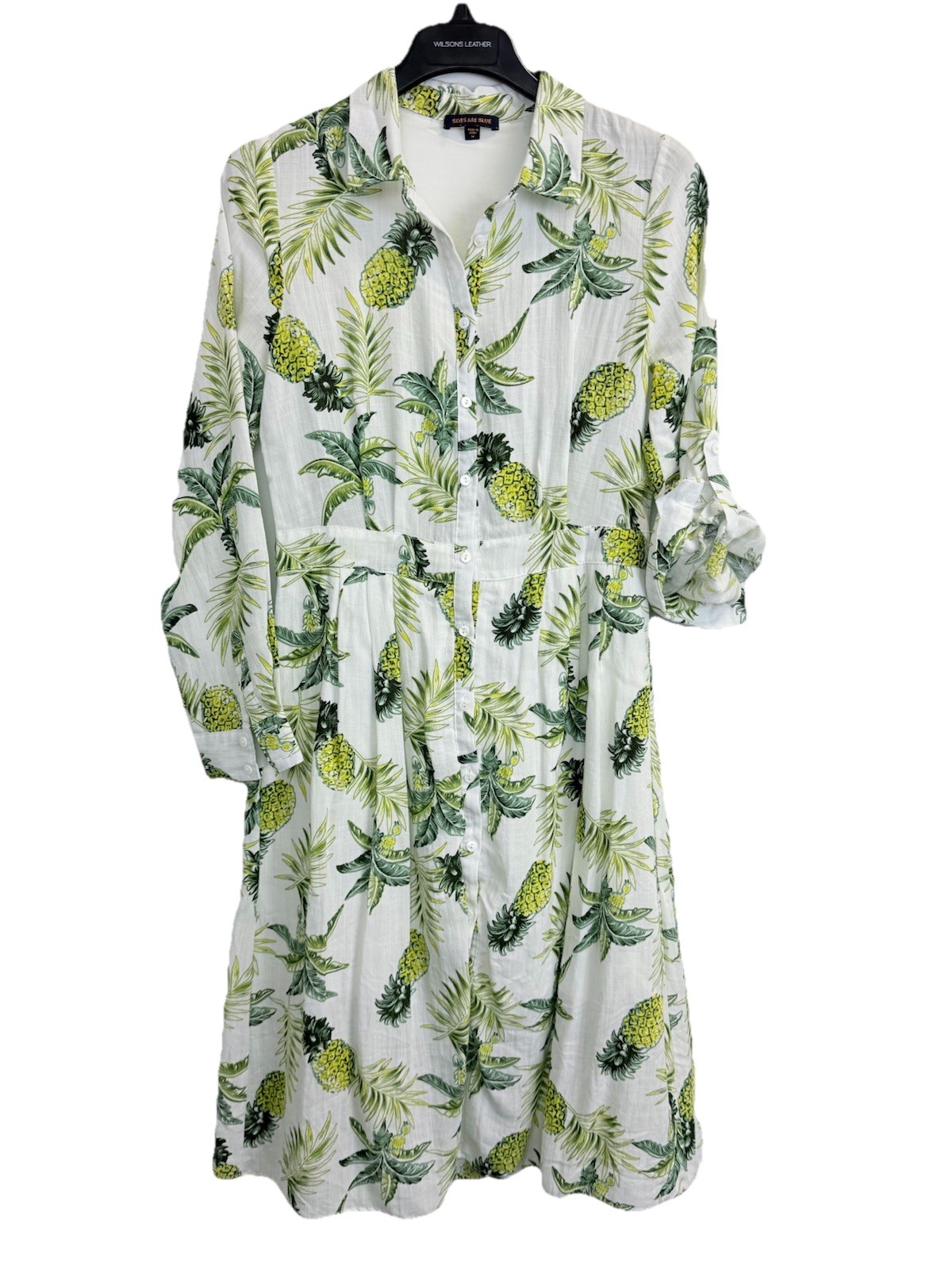 Skies Are Blue Women’s Size M Pineapple Leaves Print Dress Roll-up Sleeve Lined