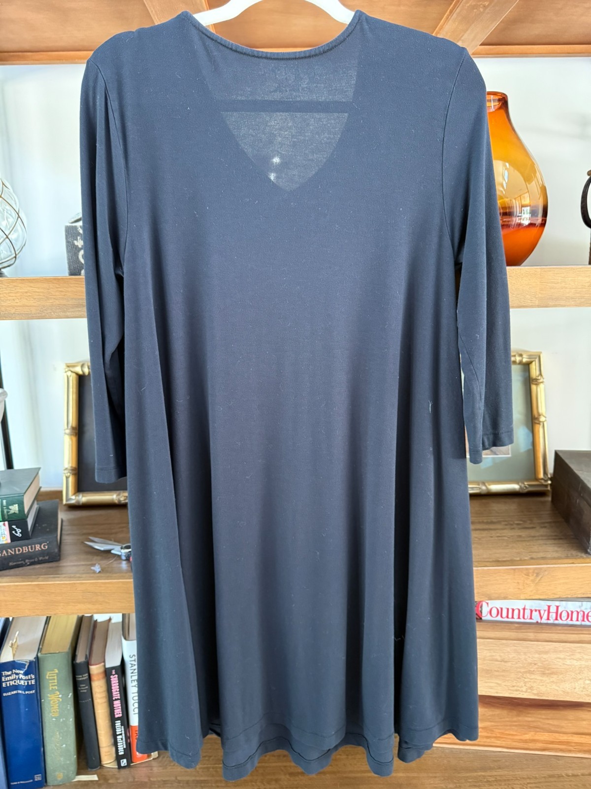Caite Embroidered Floral Boho Swing Dress Black V Neck 3/4 Sleeve Medium