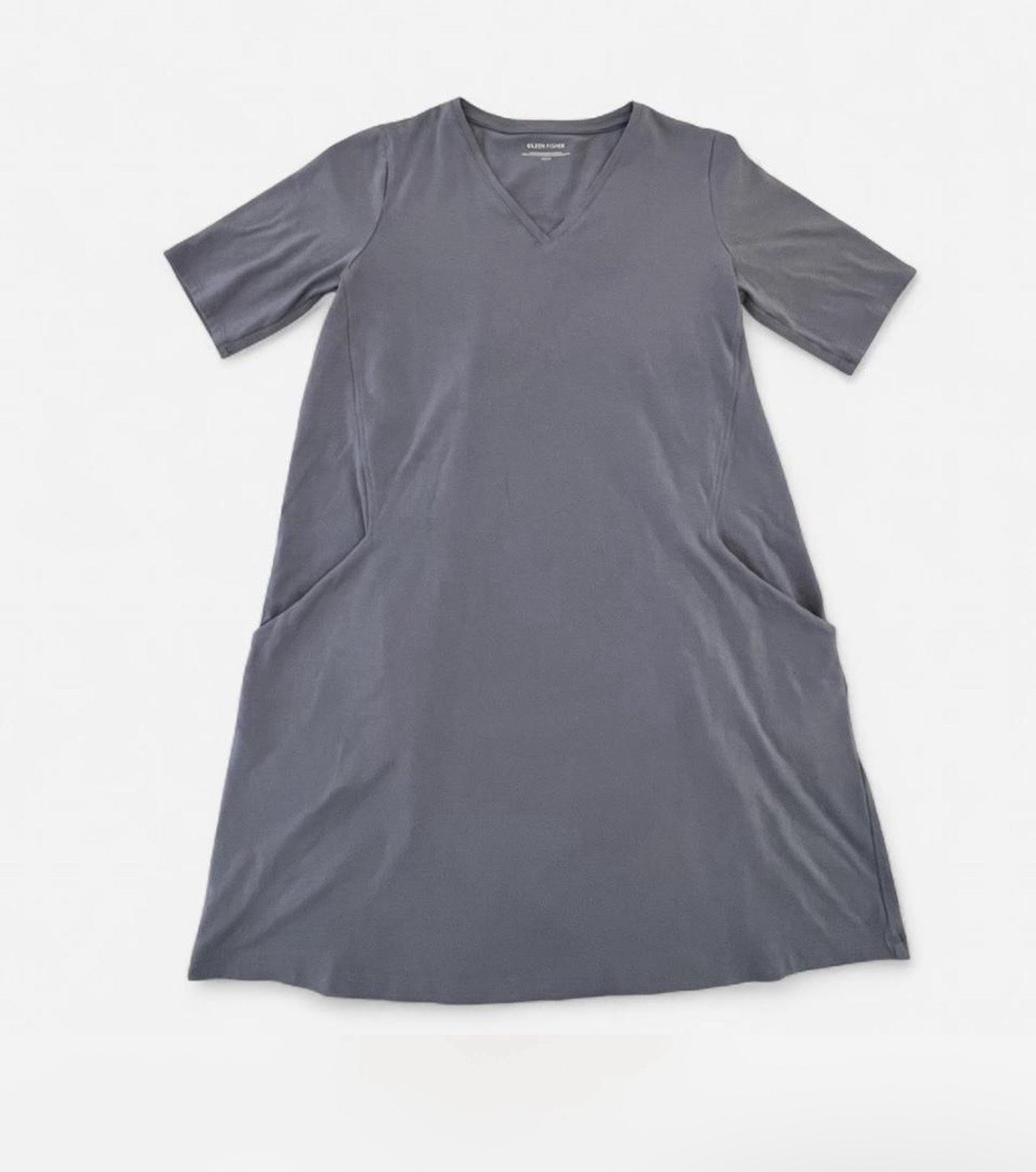 Eileen Fisher Chambray V-neck Basic Tee Dress Stretch Organic Cotton Size XS/TP