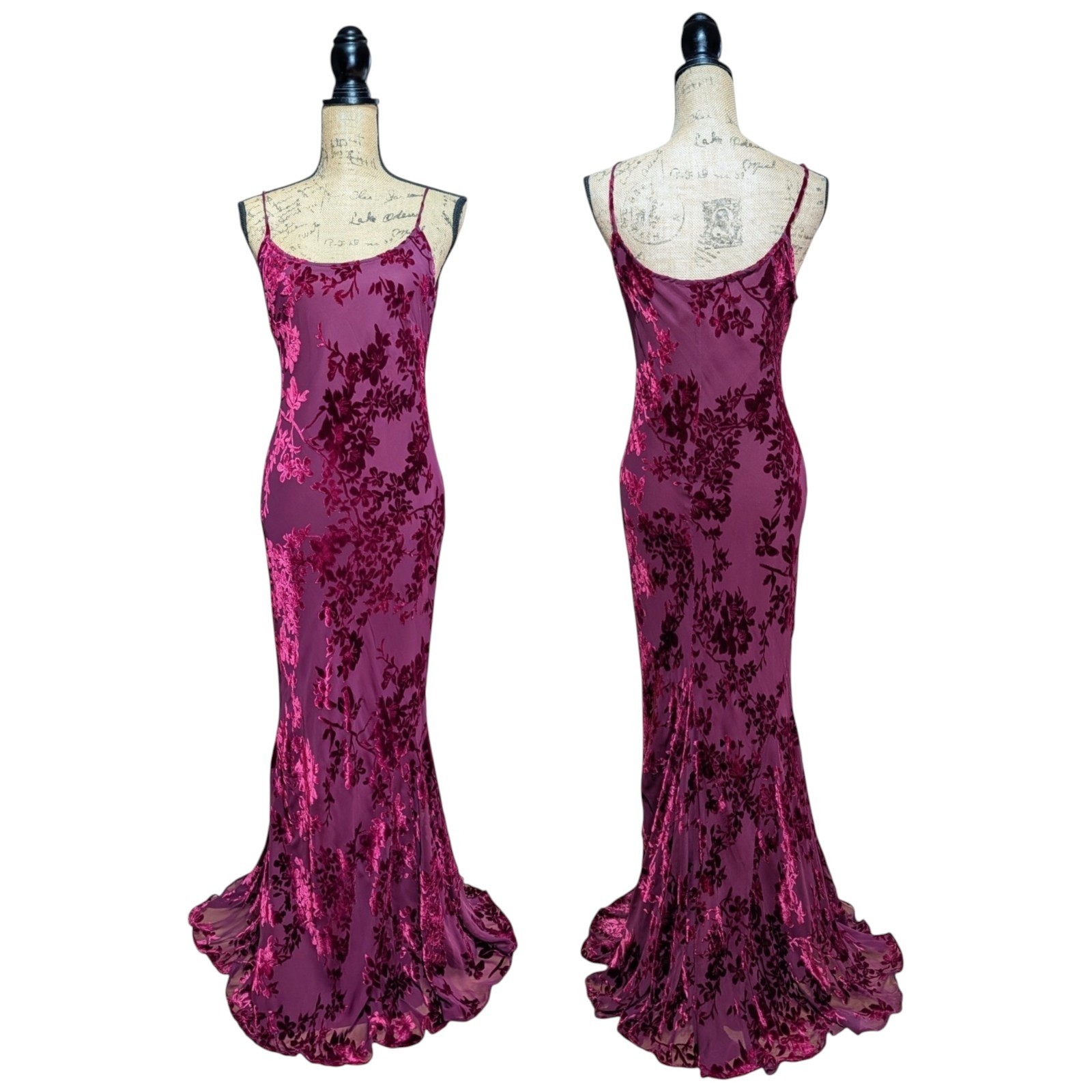 Vintage 90s Y2K Long Berry Floral Devore Bias Cut Dress UK 12/14 (US 10)