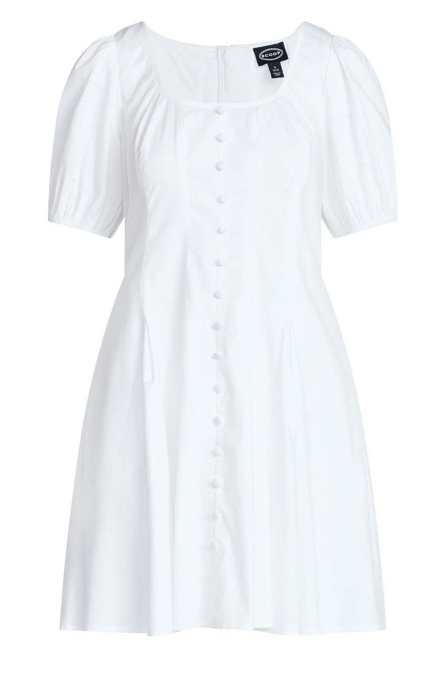 Scoop White Cotton Puff Sleeve Fit & Flare Mini Dress Cottagecore Size L NWT