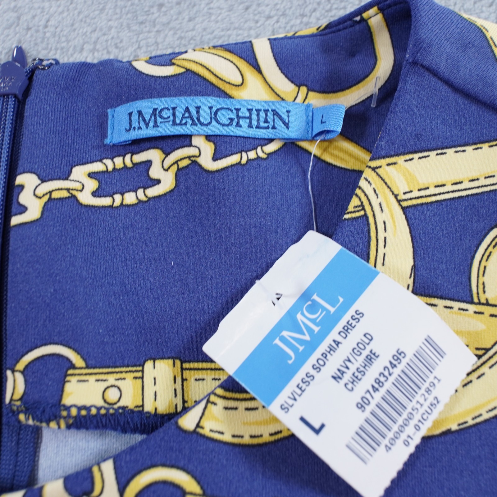 J McLaughlin Catalina Cloth Sofia Sheath Dress L Blue Chain Link Belt Print
