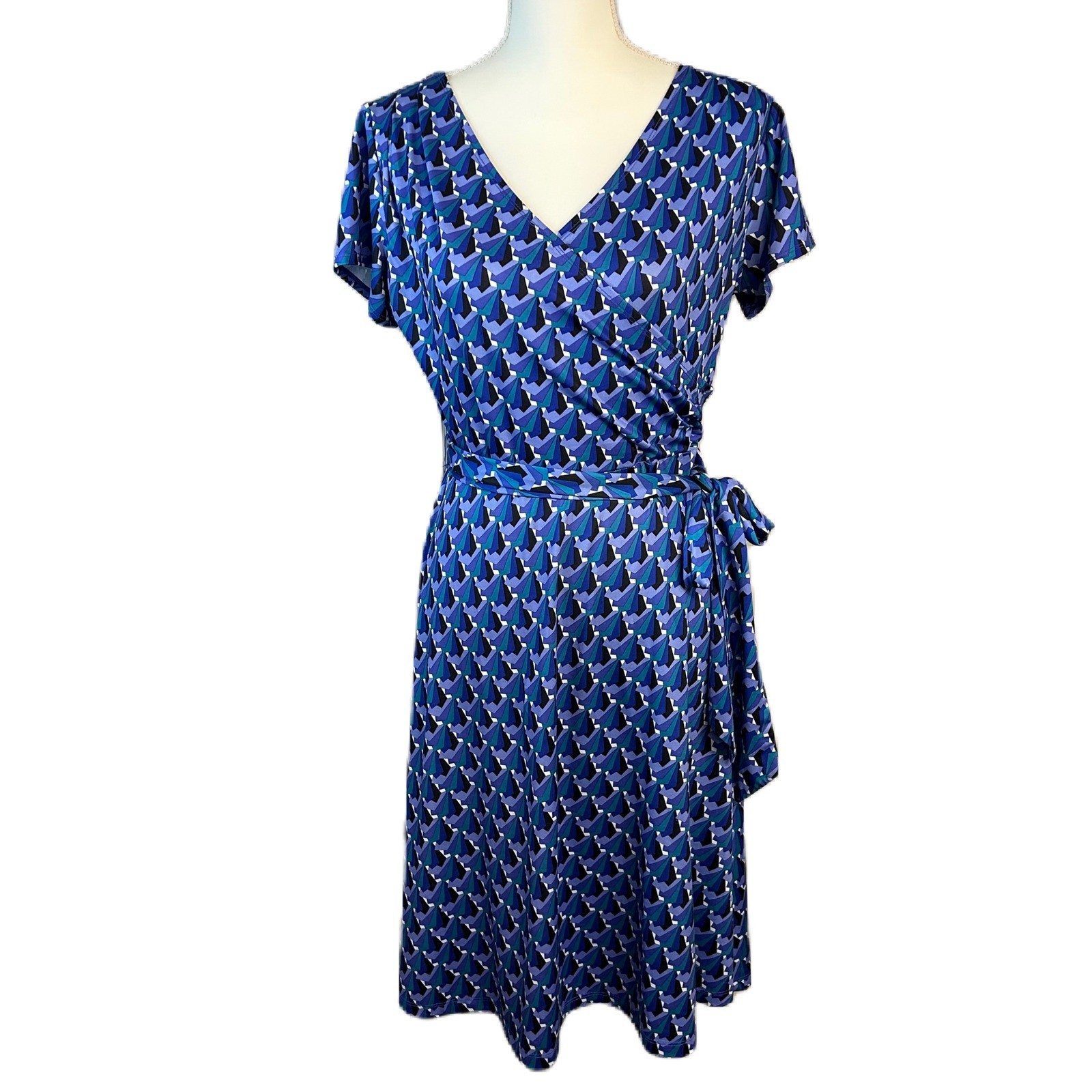 Fashion Bug Women Y2k Geometric Wrap Dress M Short Sleeve V-Neck Blue Purple Mod