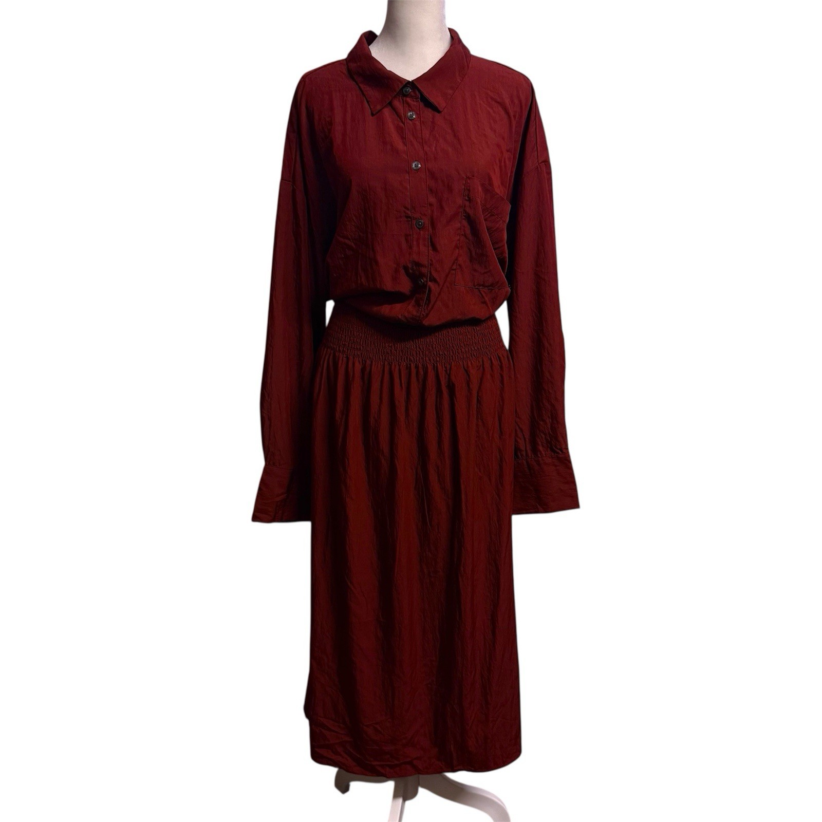 Future Collectibe Burgundy Smocked Long Sleeve Career Midi Dress Size 2X