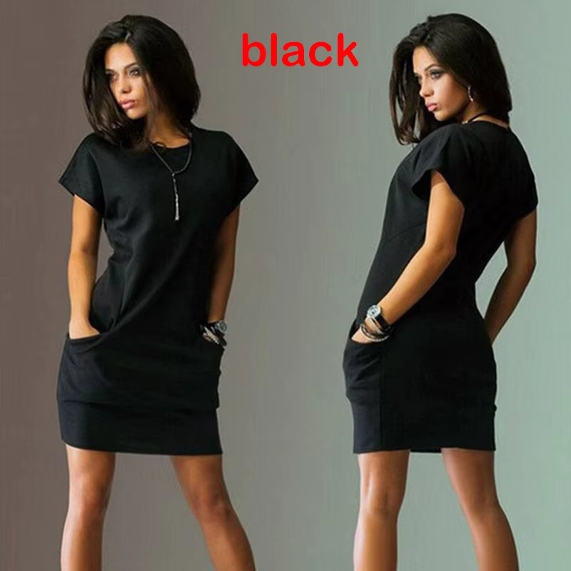 Women’s A-Line Mini Dress – Solid Color Short Sleeve O-Neck with Pockets