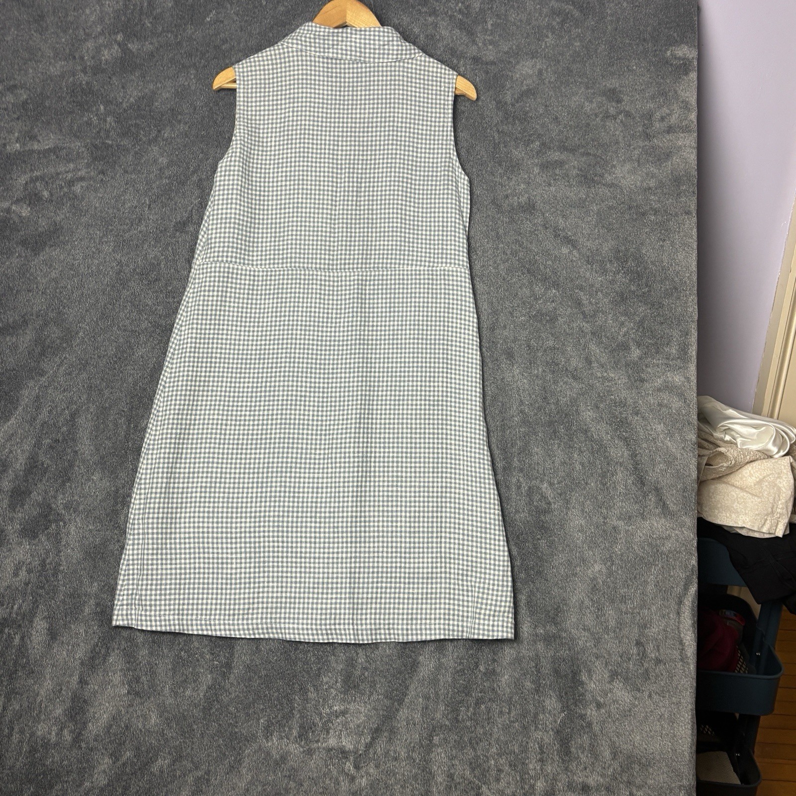 MATCH 100% Linen Gingham Dress Womens 8 Blue White Sleeveless Shift Made USA