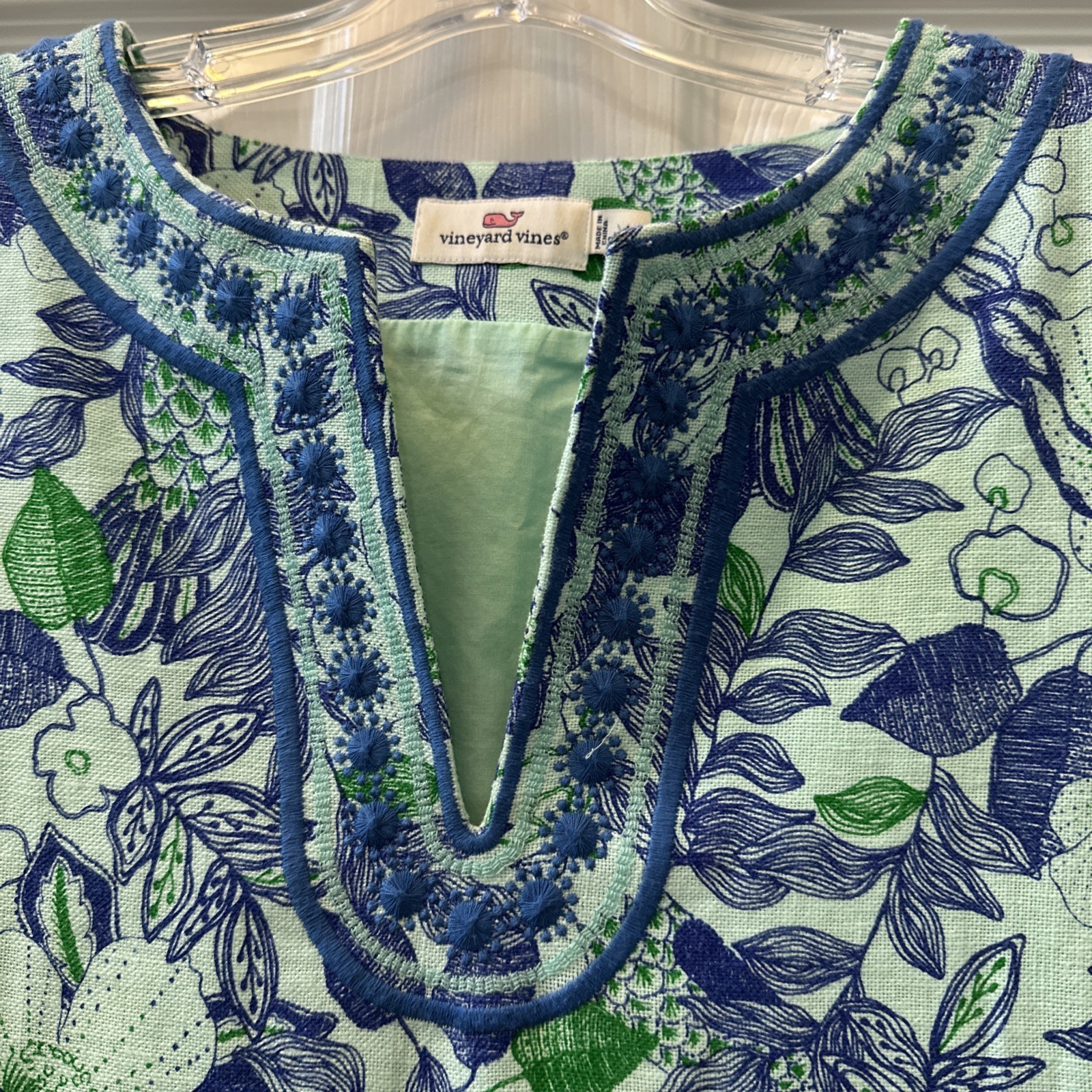 Vineyard Vines Blue Linen Blend Cordia Floral Bird Embroidered Tunic Dress Sz 4