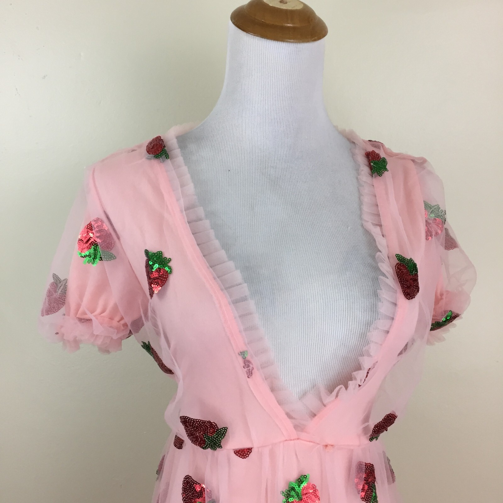 Pink Chiffon Red Green Strawberry Sequin Low V Neck Belted Dress Womens sz Small