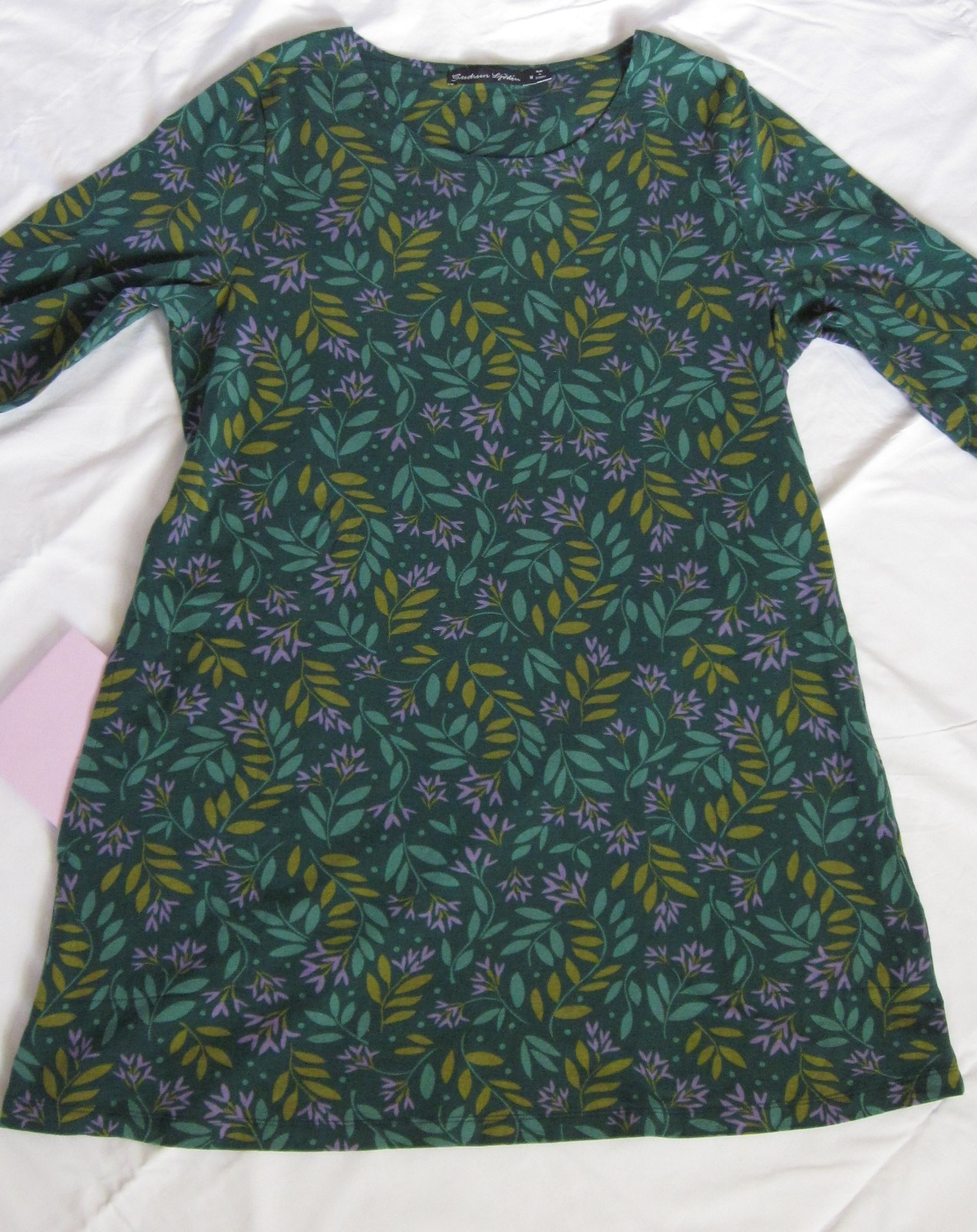 Gudrun Sjoden Leaf Tunic Dress Greens Lavender Organic Cotton Size M Lagenlook